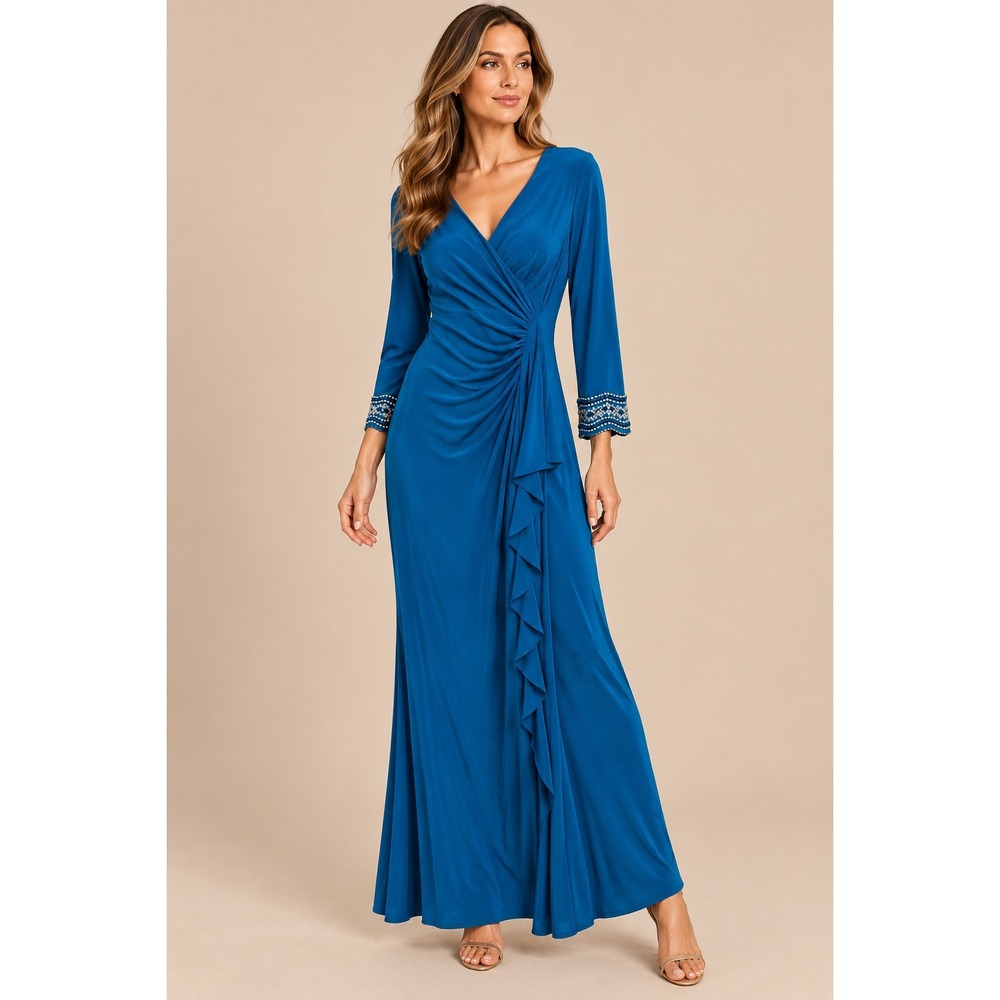 Alex Evenings Women Gown 4 Deep Teal 81351680 Embellished Cuff Ruffle Maxi Dress